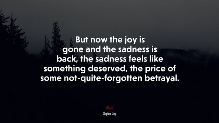 But now the joy is gone and the sadness is back, the sadness feels like something deserved, the price of some not-quite-forgotten betrayal. | Stephen King quote