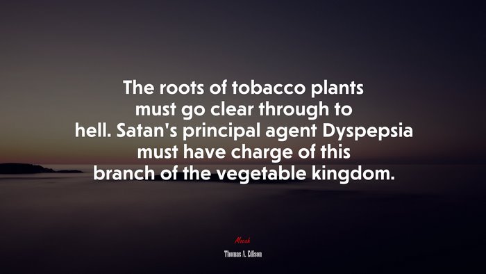 The roots of tobacco plants must go clear through to hell. Satan’s principal agent Dyspepsia must have charge of this branch of the vegetable kingdom. | Thomas A. Edison quote