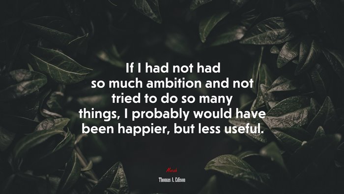 If I had not had so much ambition and not tried to do so many things, I probably would have been happier, but less useful. | Thomas A. Edison quote