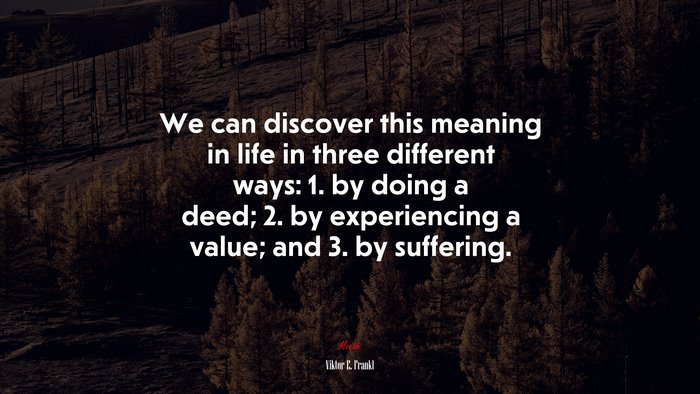 We can discover this meaning in life in three different ways: 1. by doing a deed; 2. by experiencing a value; and 3. by suffering. | Viktor E. Frankl quote