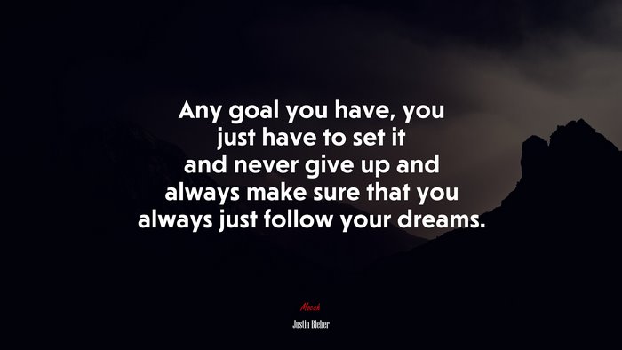 Any goal you have, you just have to set it and never give up and always make sure that you always just follow your dreams. | Justin Bieber quote
