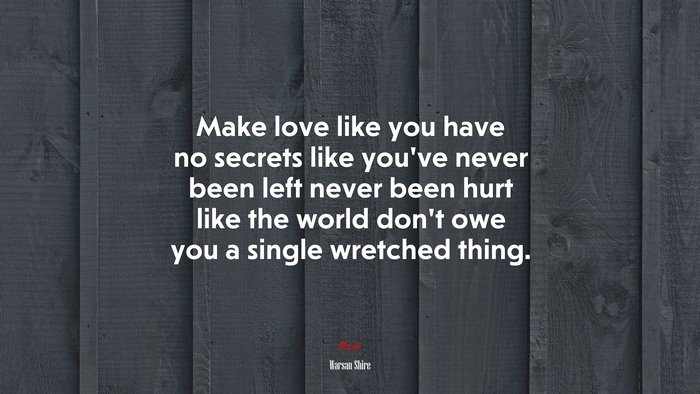 Make love like you have no secrets like you’ve never been left never been hurt like the world don’t owe you a single wretched thing. | Warsan Shire quote