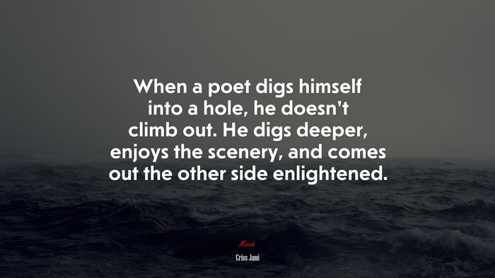 When a poet digs himself into a hole, he doesn’t climb out. He digs deeper, enjoys the scenery, and comes out the other side enlightened. | Criss Jami quote