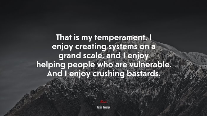 That is my temperament. I enjoy creating systems on a grand scale, and I enjoy helping people who are vulnerable. And I enjoy crushing bastards. | Julian Assange quote