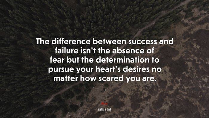 The difference between success and failure isn’t the absence of fear but the determination to pursue your heart’s desires no matter how scared you are. | Martha N. Beck quote