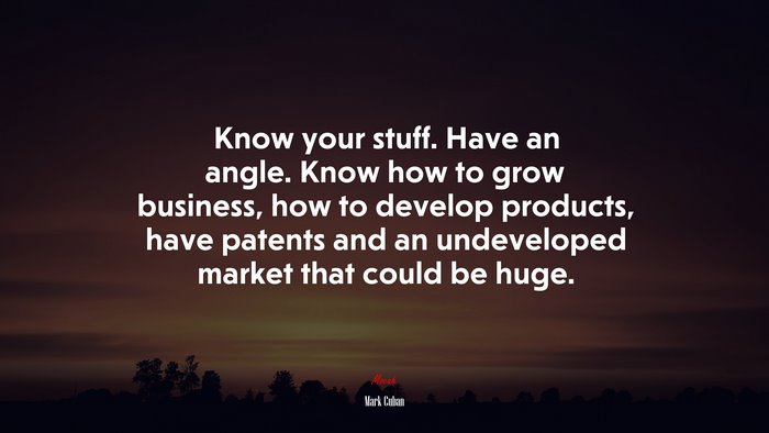 Know your stuff. Have an angle. Know how to grow business, how to develop products, have patents and an undeveloped market that could be huge. | Mark Cuban quote