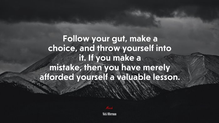 Follow your gut, make a choice, and throw yourself into it. If you make a mistake, then you have merely afforded yourself a valuable lesson. | Nick Offerman quote