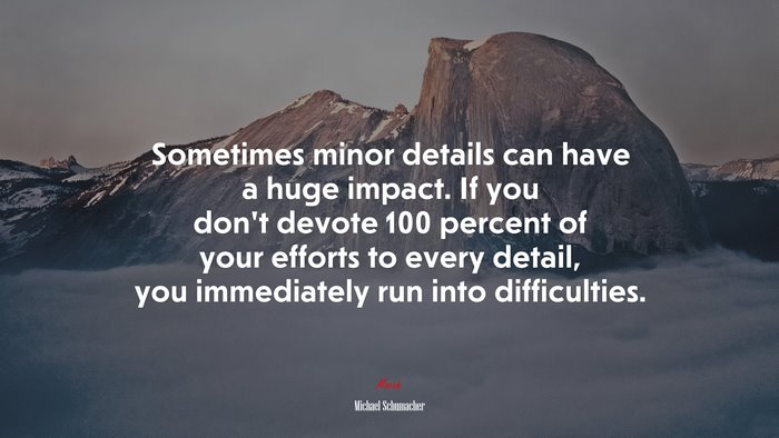 Sometimes minor details can have a huge impact. If you don’t devote 100 percent of your efforts to every detail, you immediately run into difficulties. | Michael Schumacher quote