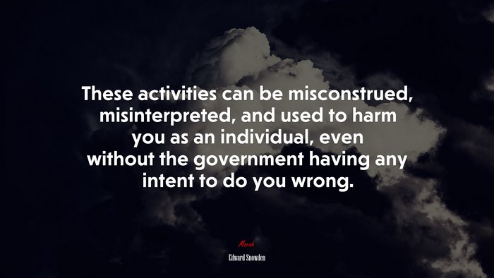 These activities can be misconstrued, misinterpreted, and used to harm you as an individual, even without the government having any intent to do you wrong. | Edward Snowden quote