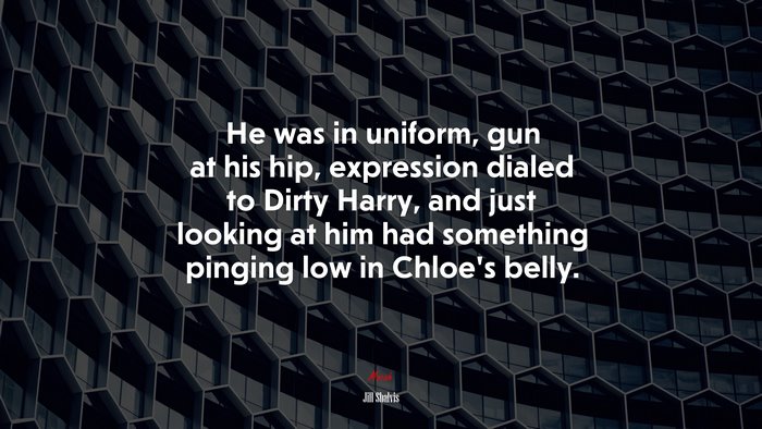 He was in uniform, gun at his hip, expression dialed to Dirty Harry, and just looking at him had something pinging low in Chloe’s belly. | Jill Shalvis quote