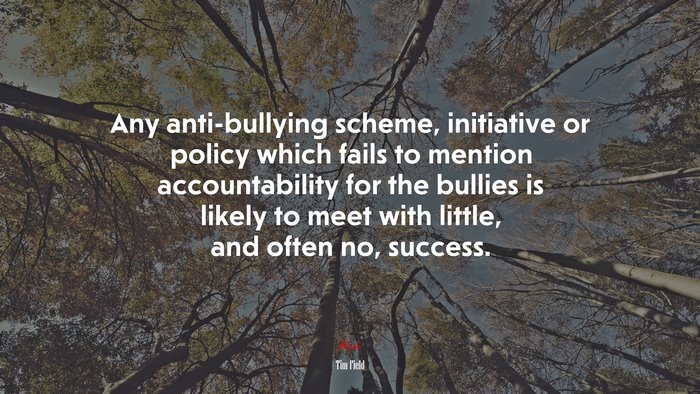 Any anti-bullying scheme, initiative or policy which fails to mention accountability for the bullies is likely to meet with little, and often no, success. | Tim Field quote