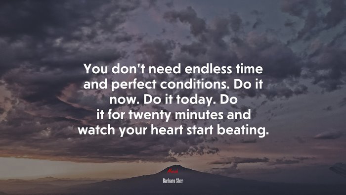 You don’t need endless time and perfect conditions. Do it now. Do it today. Do it for twenty minutes and watch your heart start beating. | Barbara Sher quote