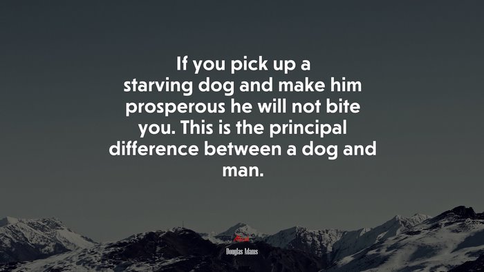 If you pick up a starving dog and make him prosperous he will not bite you. This is the principal difference between a dog and man. | Douglas Adams quote