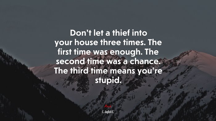 Don’t let a thief into your house three times. The first time was enough. The second time was a chance. The third time means you’re stupid. | C. JoyBell C. quote