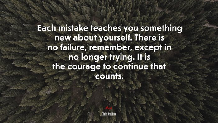Each mistake teaches you something new about yourself. There is no failure, remember, except in no longer trying. It is the courage to continue that counts. | Chris Bradford quote