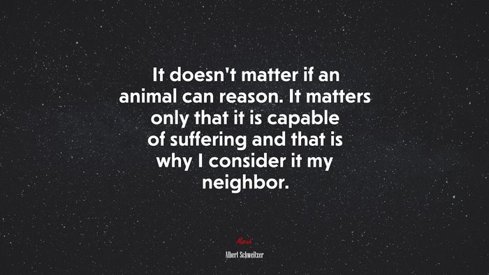 It doesn’t matter if an animal can reason. It matters only that it is capable of suffering and that is why I consider it my neighbor. | Albert Schweitzer quote