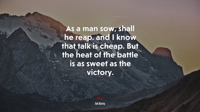 As a man sow, shall he reap. and I know that talk is cheap. But the heat of the battle is as sweet as the victory. | Bob Marley quote