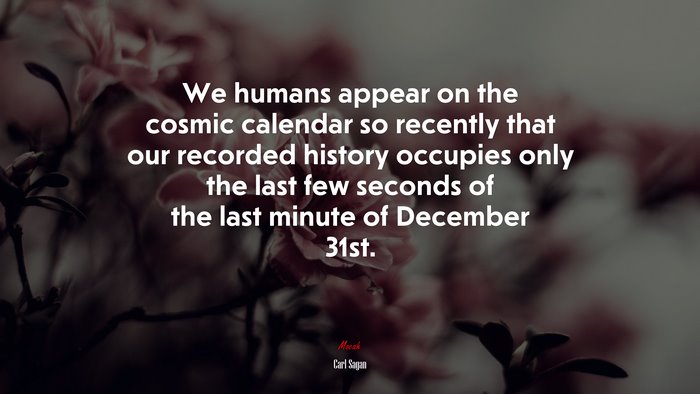 We humans appear on the cosmic calendar so recently that our recorded history occupies only the last few seconds of the last minute of December 31st. | Carl Sagan quote