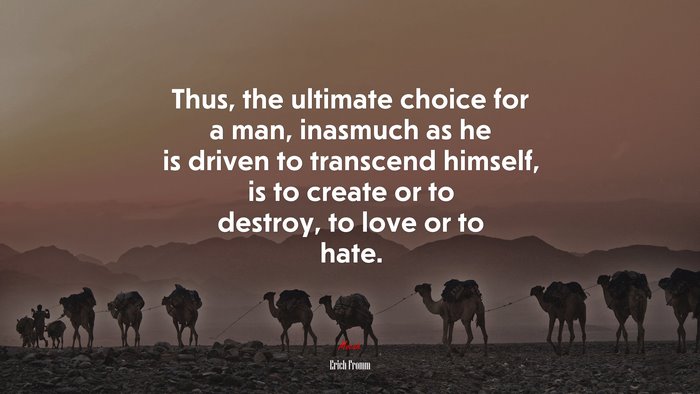 Thus, the ultimate choice for a man, inasmuch as he is driven to transcend himself, is to create or to destroy, to love or to hate. | Erich Fromm quote