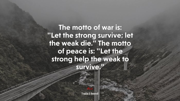 The motto of war is: “Let the strong survive; let the weak die.” The motto of peace is: “Let the strong help the weak to survive.” | Franklin D. Roosevelt quote