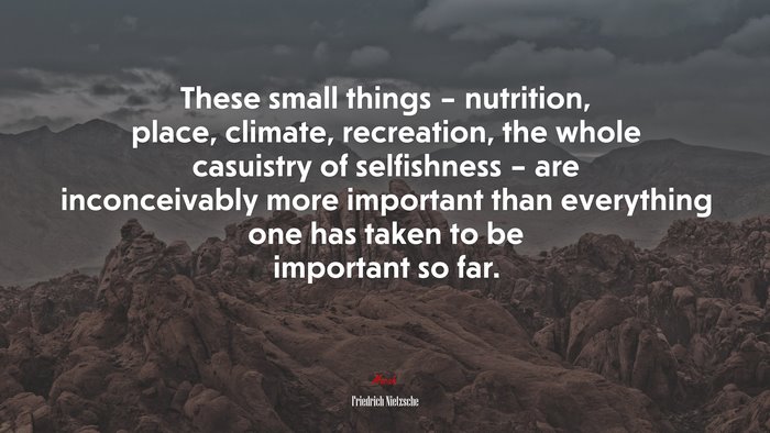 These small things – nutrition, place, climate, recreation, the whole casuistry of selfishness – are inconceivably more important than everything one has taken to be important so far. | Friedrich Nietzsche quote