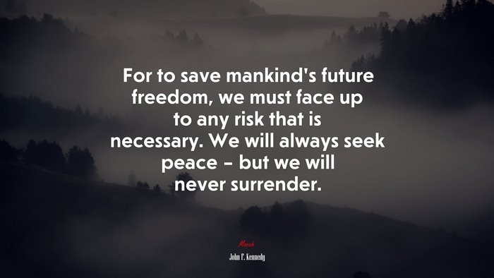 For to save mankind’s future freedom, we must face up to any risk that is necessary. We will always seek peace – but we will never surrender. | John F. Kennedy quote