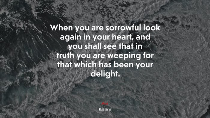 When you are sorrowful look again in your heart, and you shall see that in truth you are weeping for that which has been your delight. | Khalil Gibran quote
