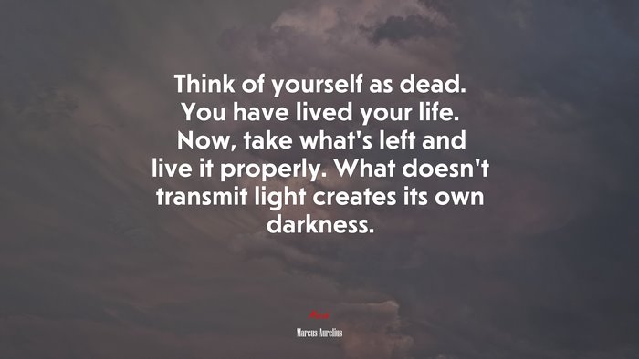 Think of yourself as dead. You have lived your life. Now, take what’s left and live it properly. What doesn’t transmit light creates its own darkness. | Marcus Aurelius quote