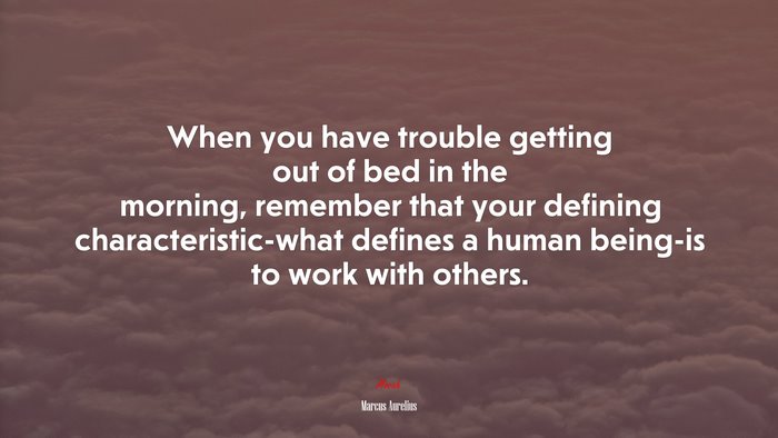When you have trouble getting out of bed in the morning, remember that your defining characteristic-what defines a human being-is to work with others. | Marcus Aurelius quote