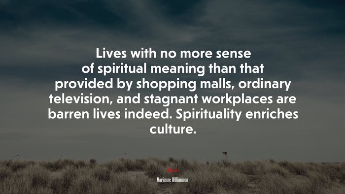 Lives with no more sense of spiritual meaning than that provided by shopping malls, ordinary television, and stagnant workplaces are barren lives indeed. Spirituality enriches culture. | Marianne Williamson quote