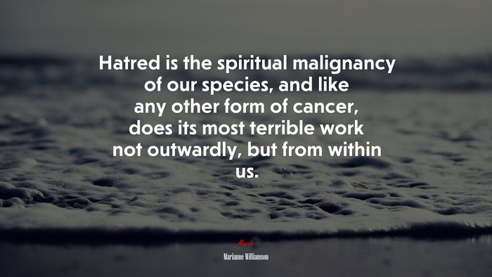 Hatred is the spiritual malignancy of our species, and like any other form of cancer, does its most terrible work not outwardly, but from within us. | Marianne Williamson quote