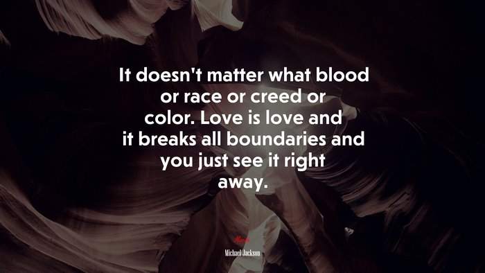 It doesn’t matter what blood or race or creed or color. Love is love and it breaks all boundaries and you just see it right away. | Michael Jackson quote