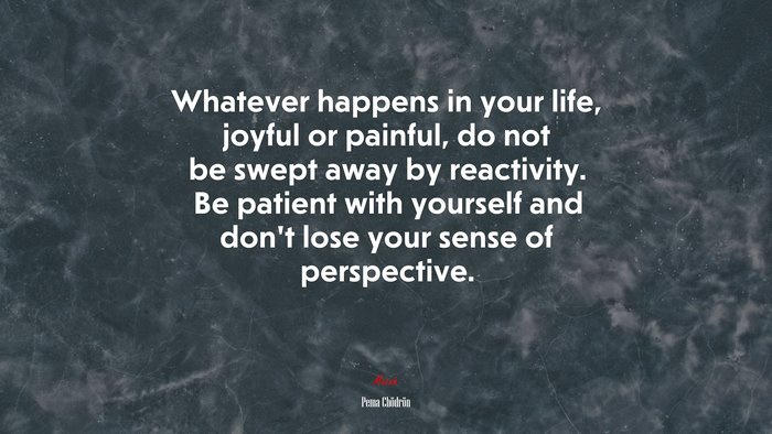Whatever happens in your life, joyful or painful, do not be swept away by reactivity. Be patient with yourself and don’t lose your sense of perspective. | Pema Chödrön quote