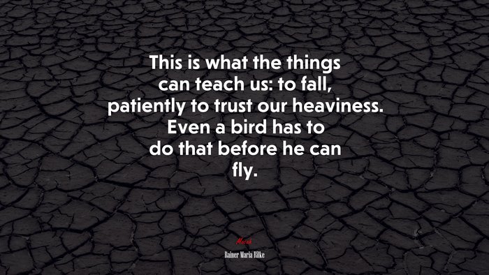 This is what the things can teach us: to fall, patiently to trust our heaviness. Even a bird has to do that before he can fly. | Rainer Maria Rilke quote