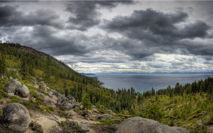 Stormy Sky Over Lake Tahoe and Pine Forest