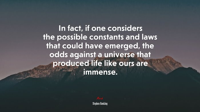 In fact, if one considers the possible constants and laws that could have emerged, the odds against a universe that produced life like ours are immense. | Stephen Hawking quote