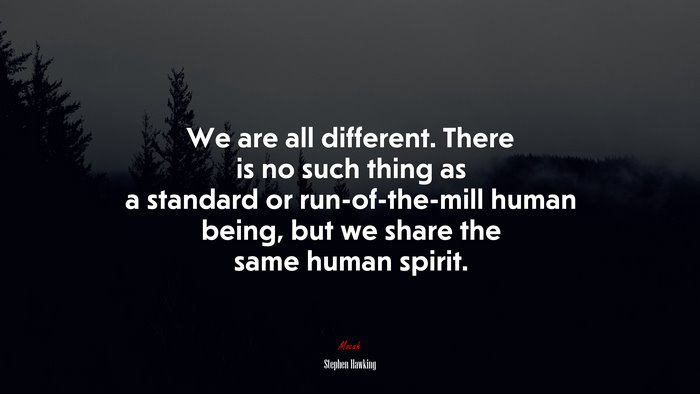 We are all different. There is no such thing as a standard or run-of-the-mill human being, but we share the same human spirit. | Stephen Hawking quote