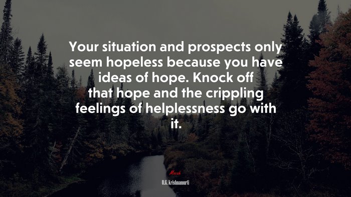 Your situation and prospects only seem hopeless because you have ideas of hope. Knock off that hope and the crippling feelings of helplessness go with it. | U.G. Krishnamurti quote