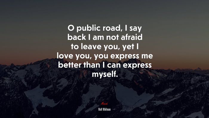 O public road, I say back I am not afraid to leave you, yet I love you, you express me better than I can express myself. | Walt Whitman quote