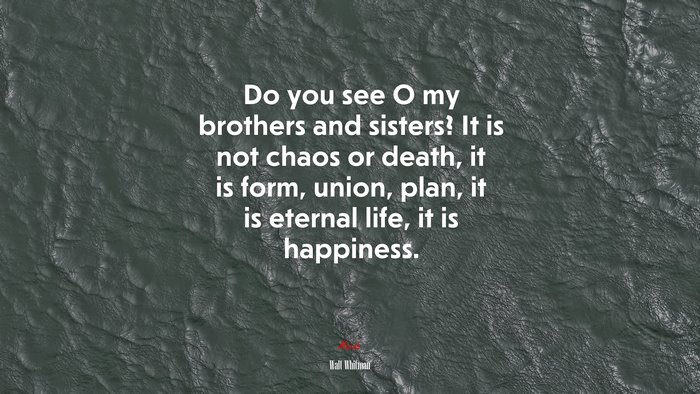 Do you see O my brothers and sisters? It is not chaos or death, it is form, union, plan, it is eternal life, it is happiness. | Walt Whitman quote