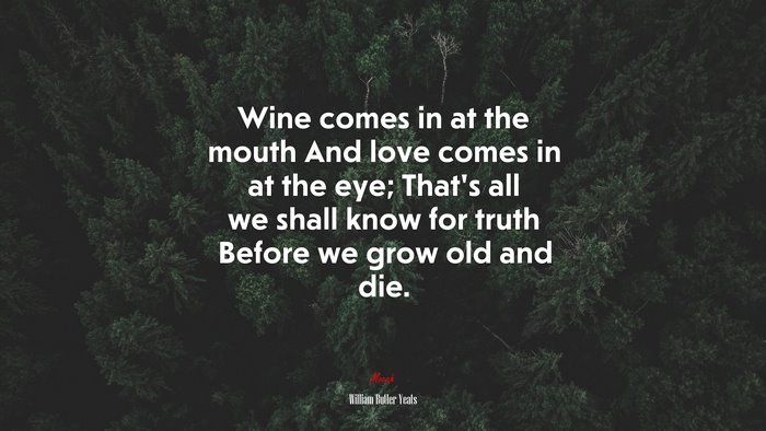 Wine comes in at the mouth And love comes in at the eye; That’s all we shall know for truth Before we grow old and die. | William Butler Yeats quote