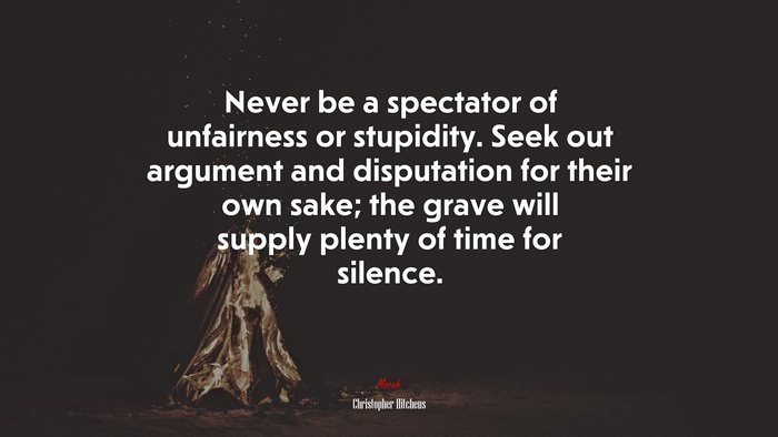 Never be a spectator of unfairness or stupidity. Seek out argument and disputation for their own sake; the grave will supply plenty of time for silence. | Christopher Hitchens quote