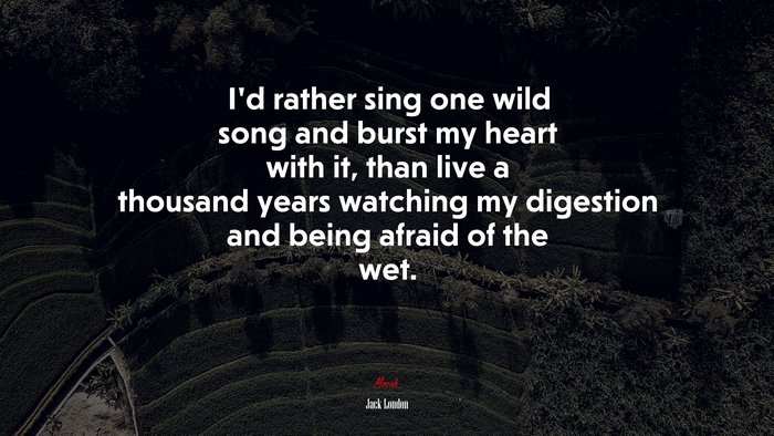 I’d rather sing one wild song and burst my heart with it, than live a thousand years watching my digestion and being afraid of the wet. | Jack London quote
