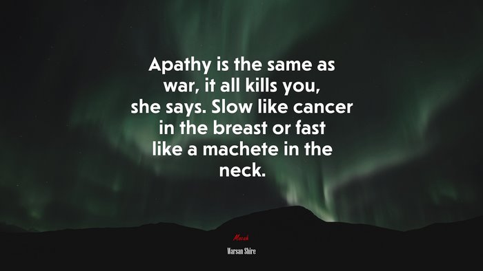 Apathy is the same as war, it all kills you, she says. Slow like cancer in the breast or fast like a machete in the neck. | Warsan Shire quote