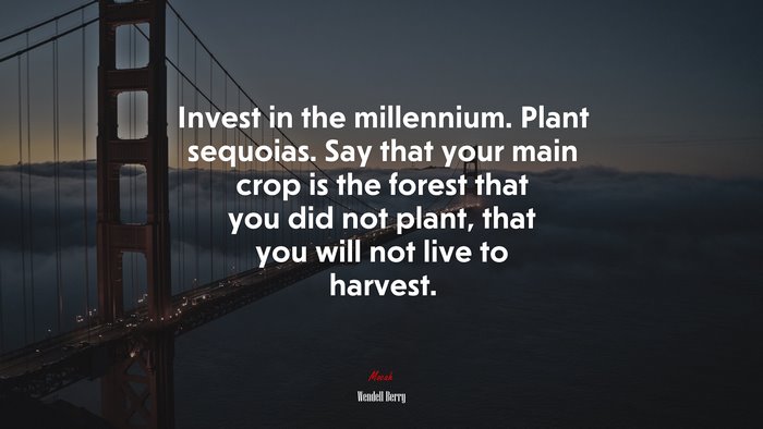 Invest in the millennium. Plant sequoias. Say that your main crop is the forest that you did not plant, that you will not live to harvest. | Wendell Berry quote
