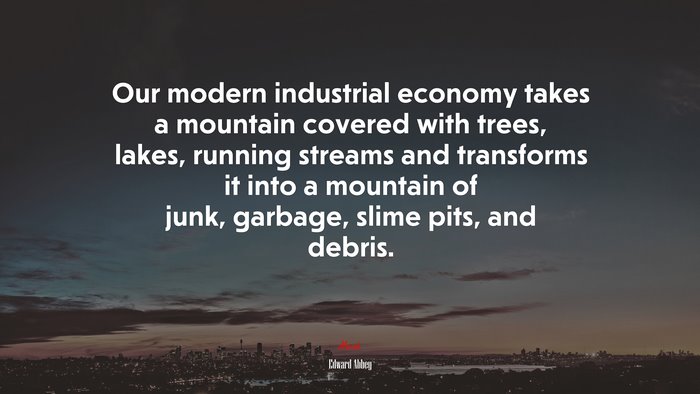 Our modern industrial economy takes a mountain covered with trees, lakes, running streams and transforms it into a mountain of junk, garbage, slime pits, and debris. | Edward Abbey quote