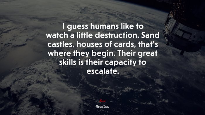 I guess humans like to watch a little destruction. Sand castles, houses of cards, that’s where they begin. Their great skills is their capacity to escalate. | Markus Zusak quote