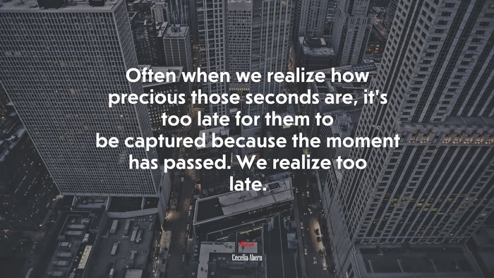 Often when we realize how precious those seconds are, it’s too late for them to be captured because the moment has passed. We realize too late. | Cecelia Ahern quote
