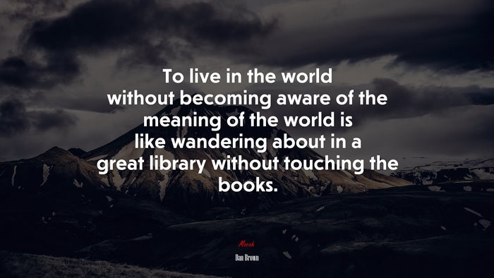 To live in the world without becoming aware of the meaning of the world is like wandering about in a great library without touching the books. | Dan Brown quote