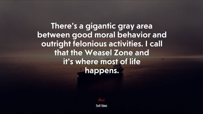 There’s a gigantic gray area between good moral behavior and outright felonious activities. I call that the Weasel Zone and it’s where most of life happens. | Scott Adams quote